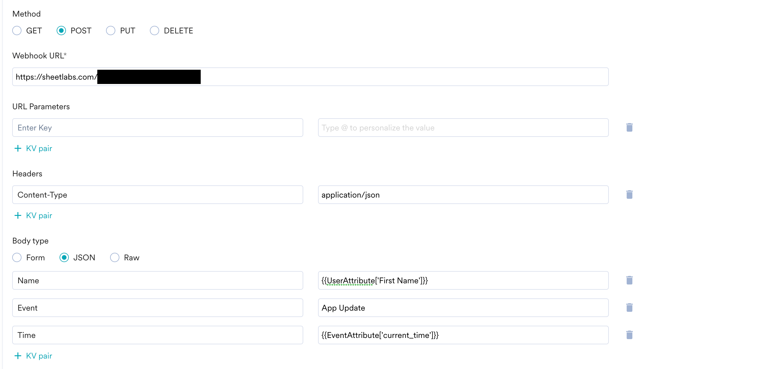 Connector campaign webhook configuration for Sheetlabs