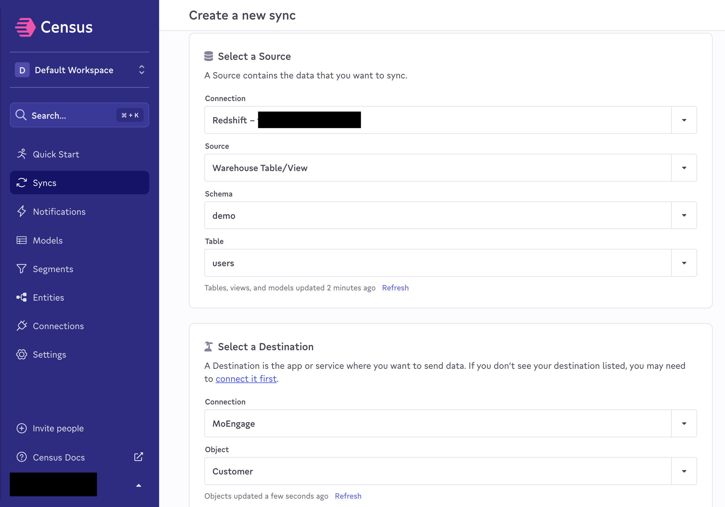 Configuring Customer object sync from Census to MoEngage