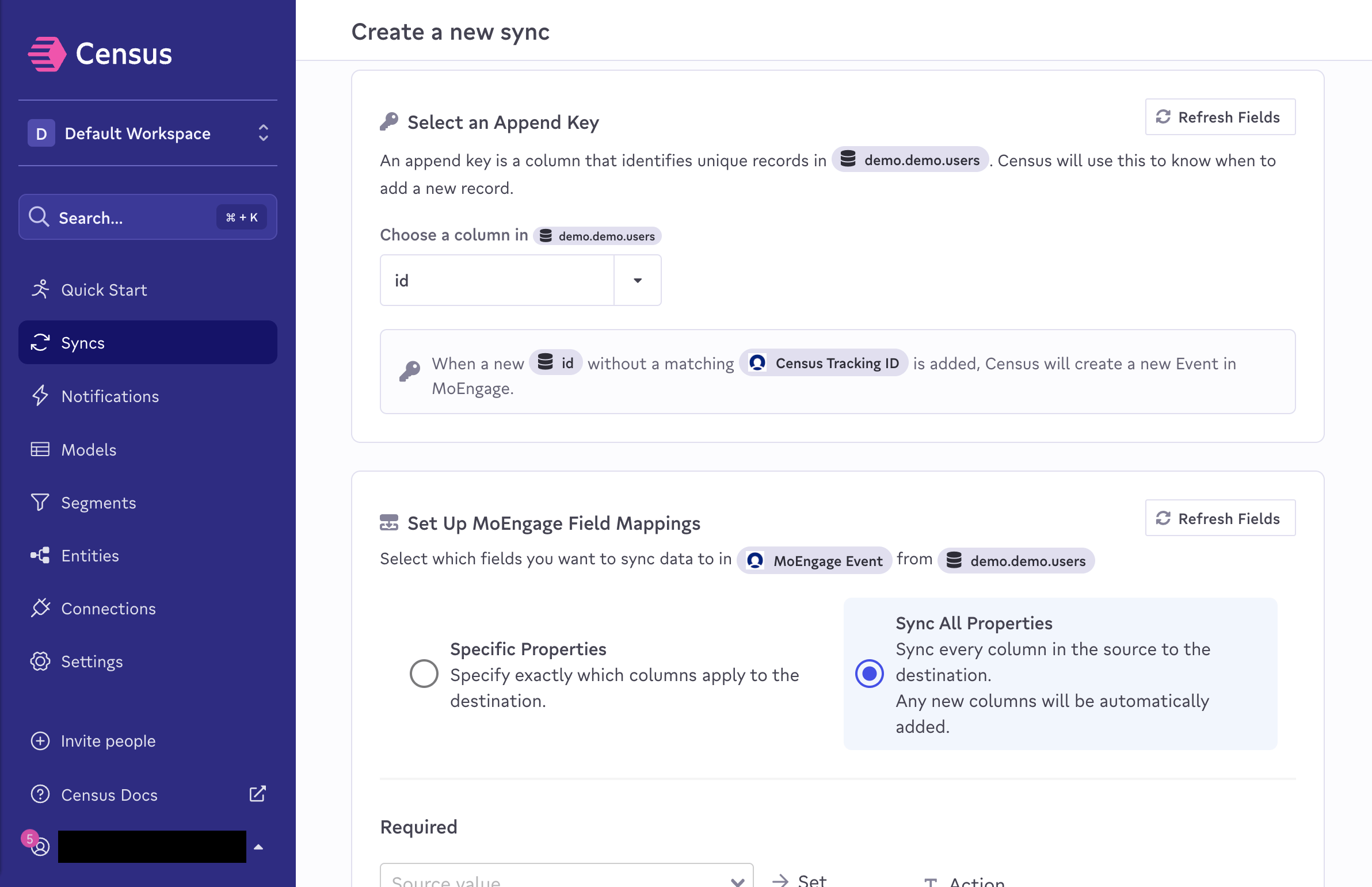 MoEngage field mappings for Event sync in Census