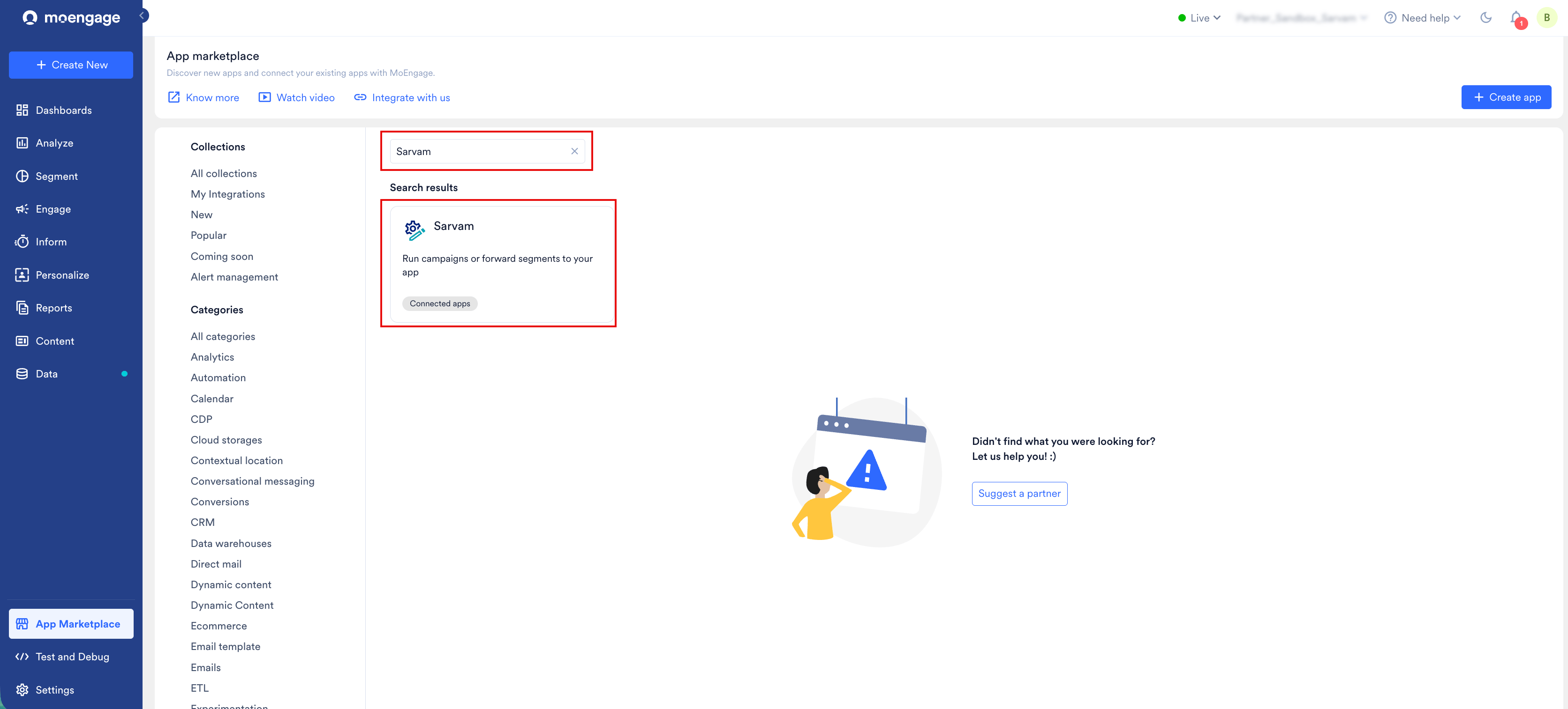 App Marketplace search results showing the Sarvam connected app tile