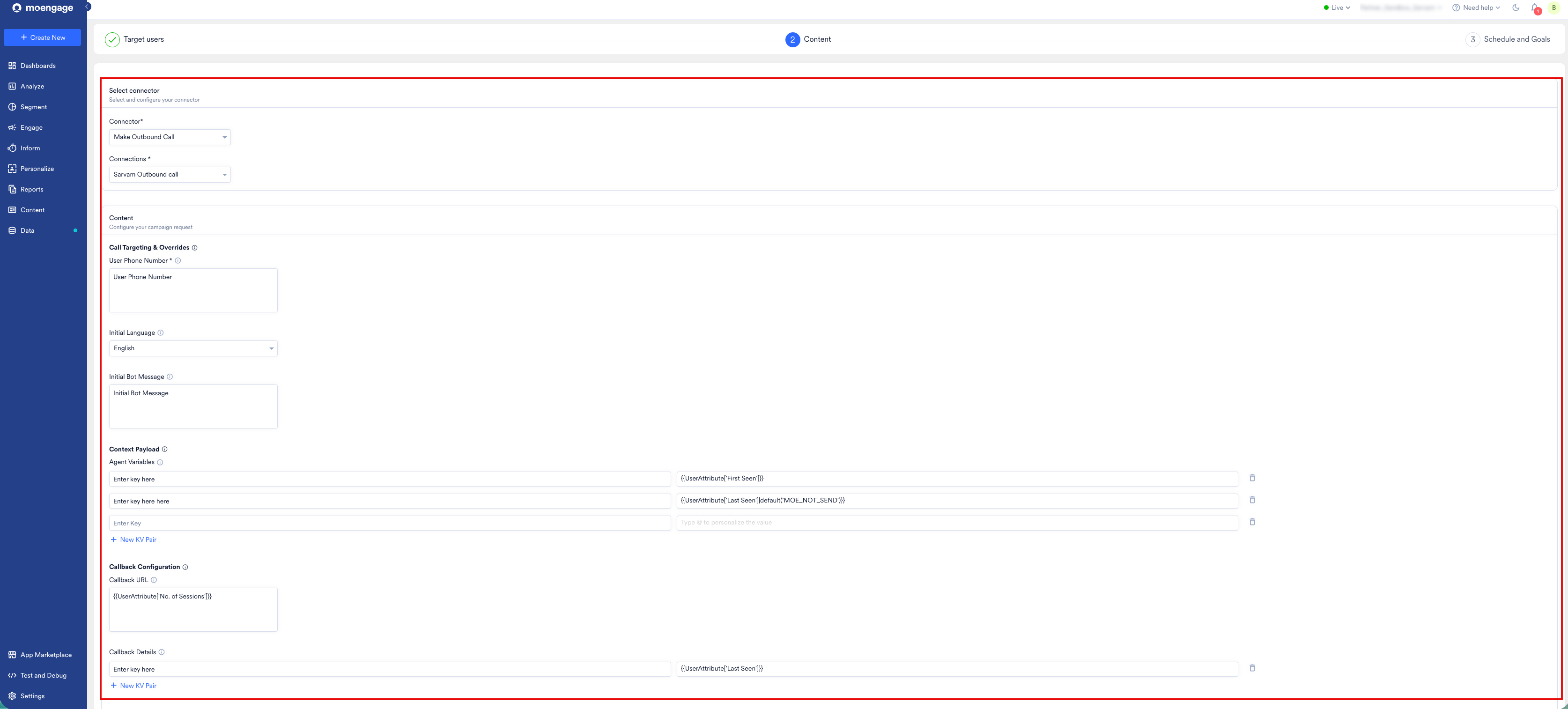 Content step of the campaign showing the Make Outbound Call connector, call targeting and overrides fields, agent variables, and callback configuration