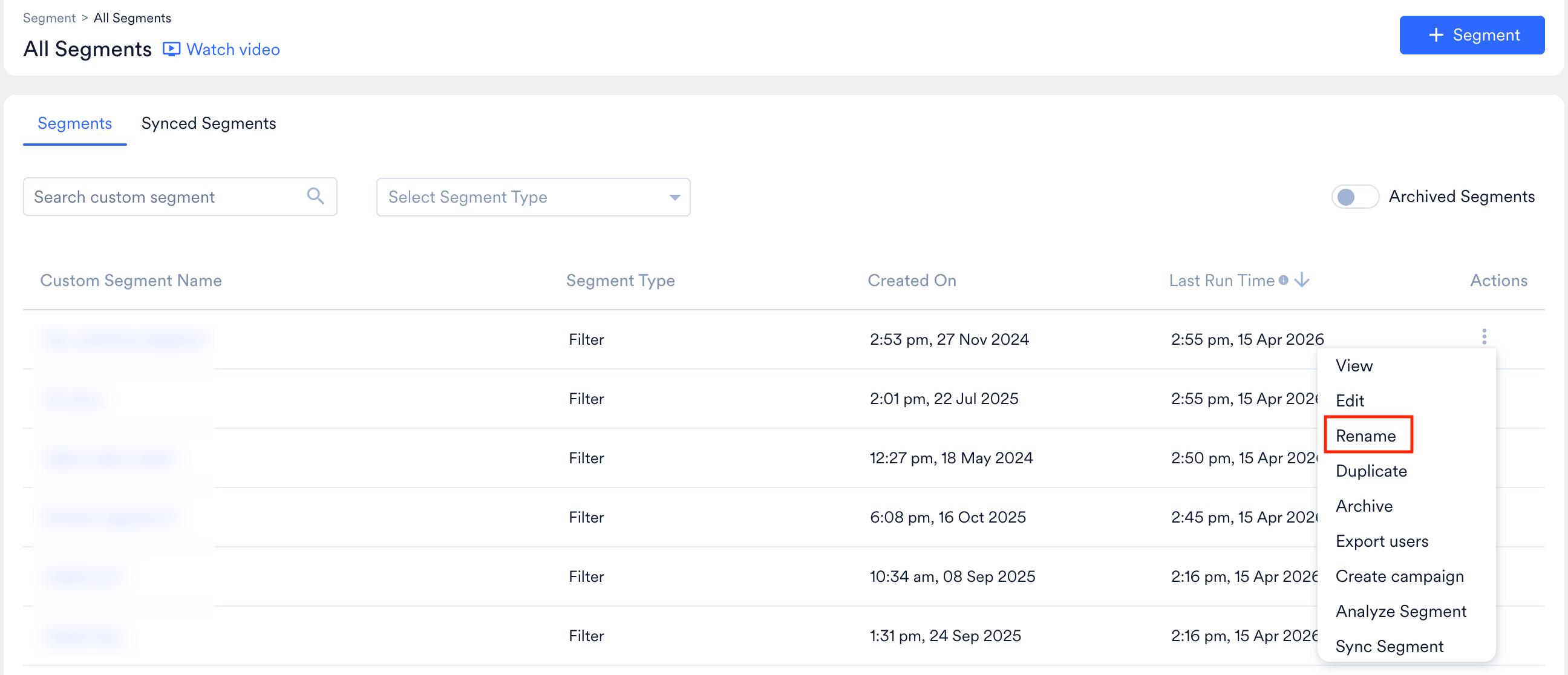 Segment rename option in the ellipsis menu