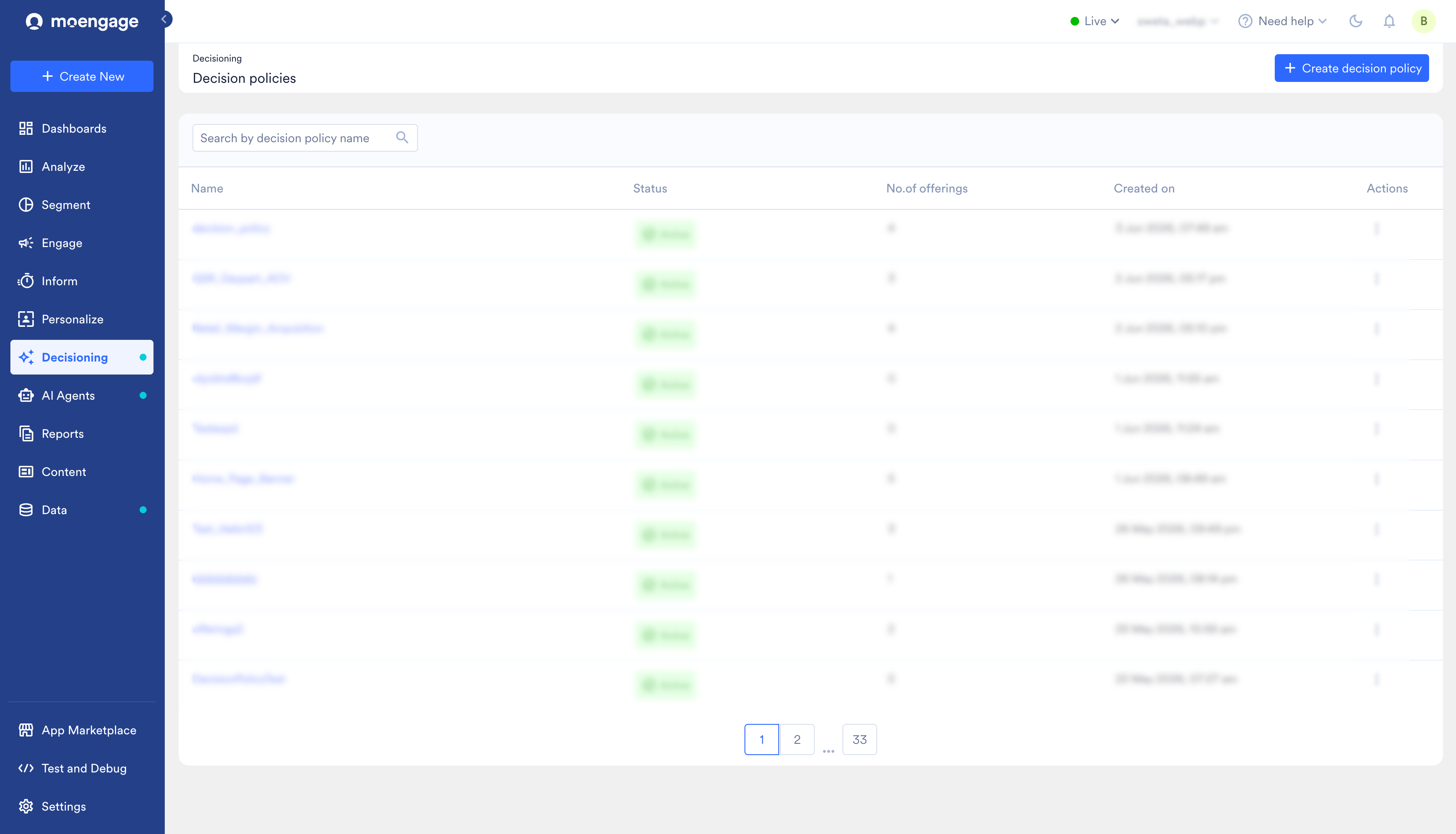Decision Policies list page showing all created policies