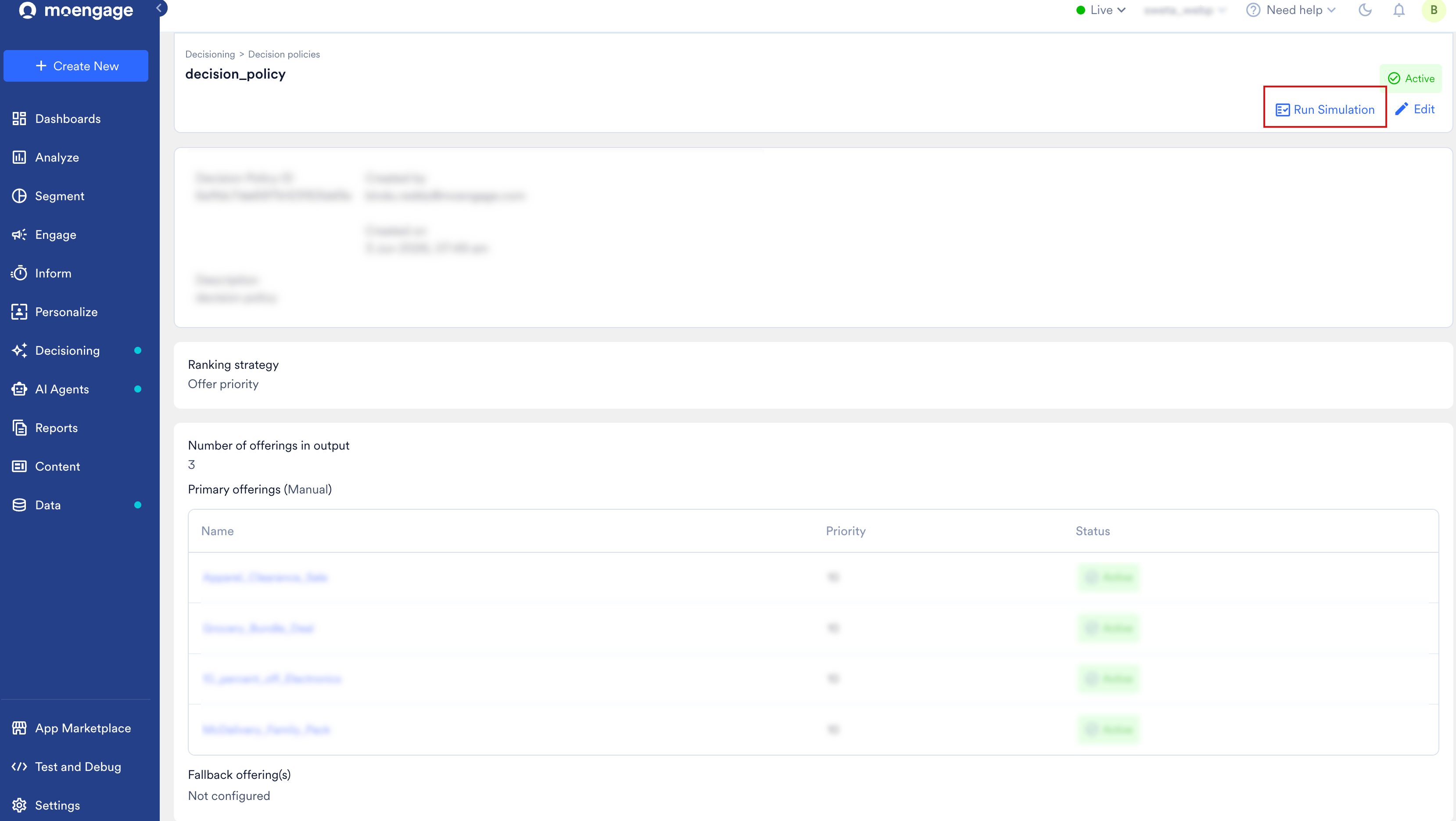 Policy details page with Run Simulation button highlighted in the upper-right corner