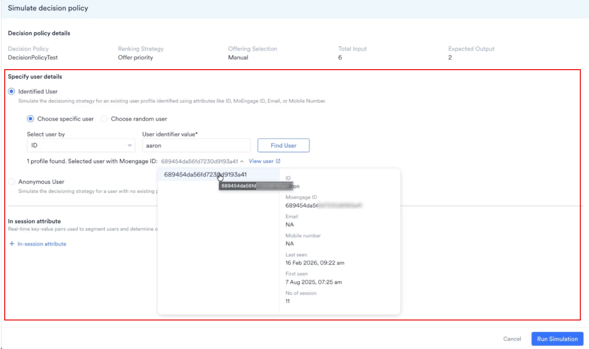Simulate Decision Policy window showing a matched user profile with attribute details in a tooltip