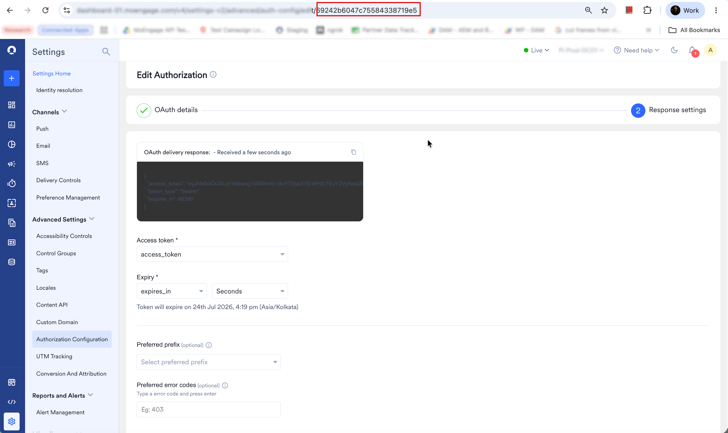 The OAuth configuration ID appears as the last segment of the Authorization configuration page URL