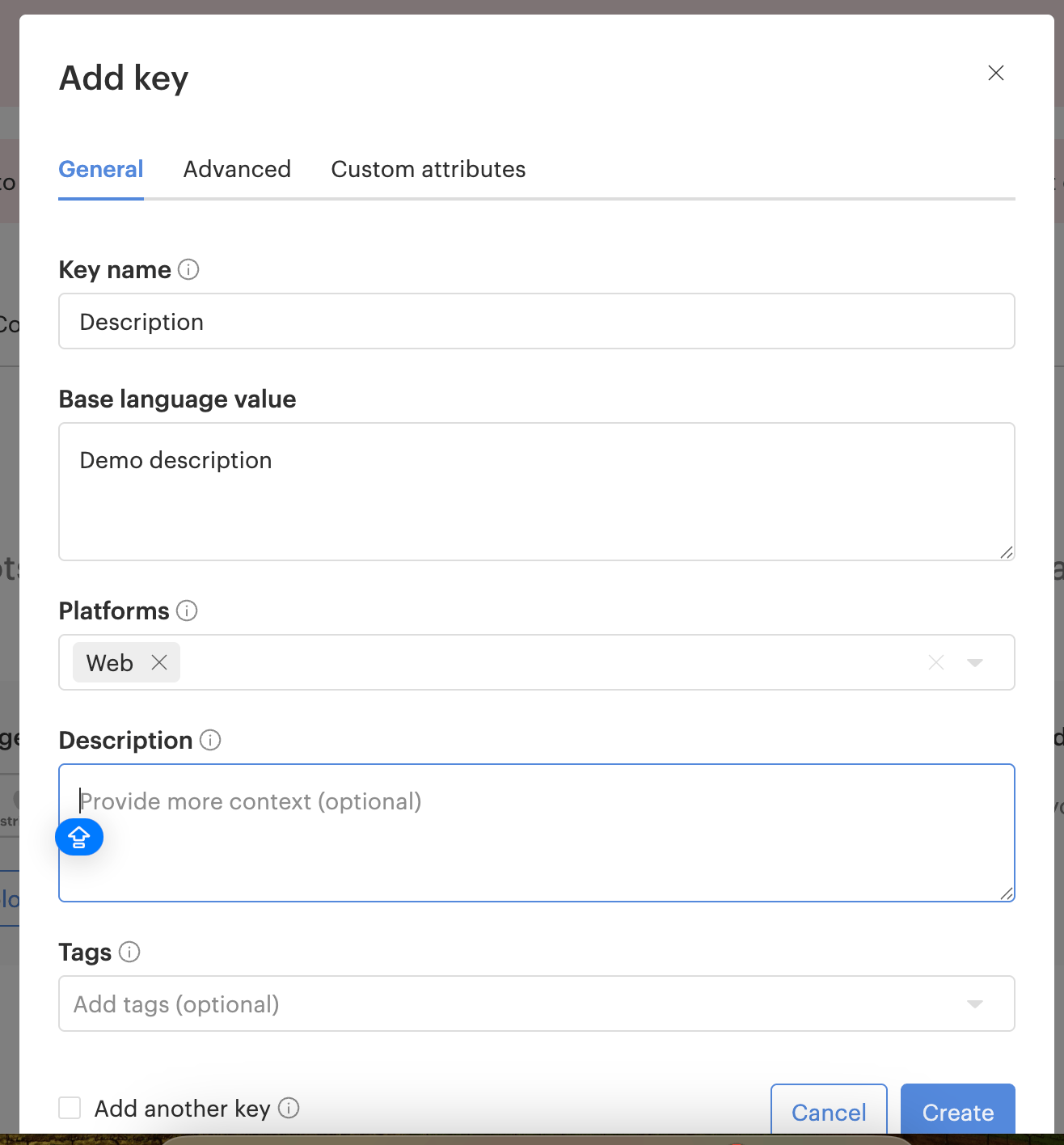 Lokalise Add Key dialog with Key name, Base Language Value, and Web platform selected
