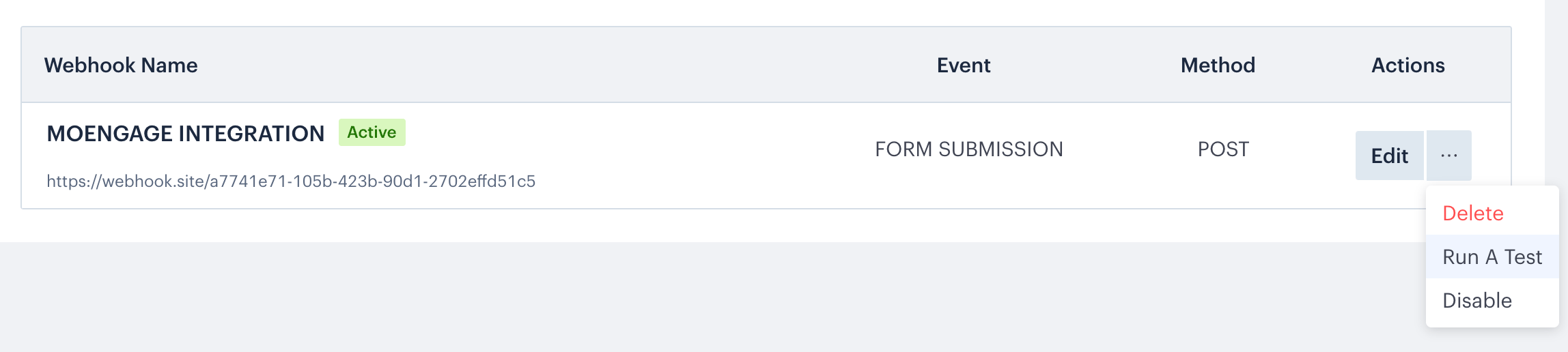 Swipe Pages webhook test screen with the Run a test button highlighted