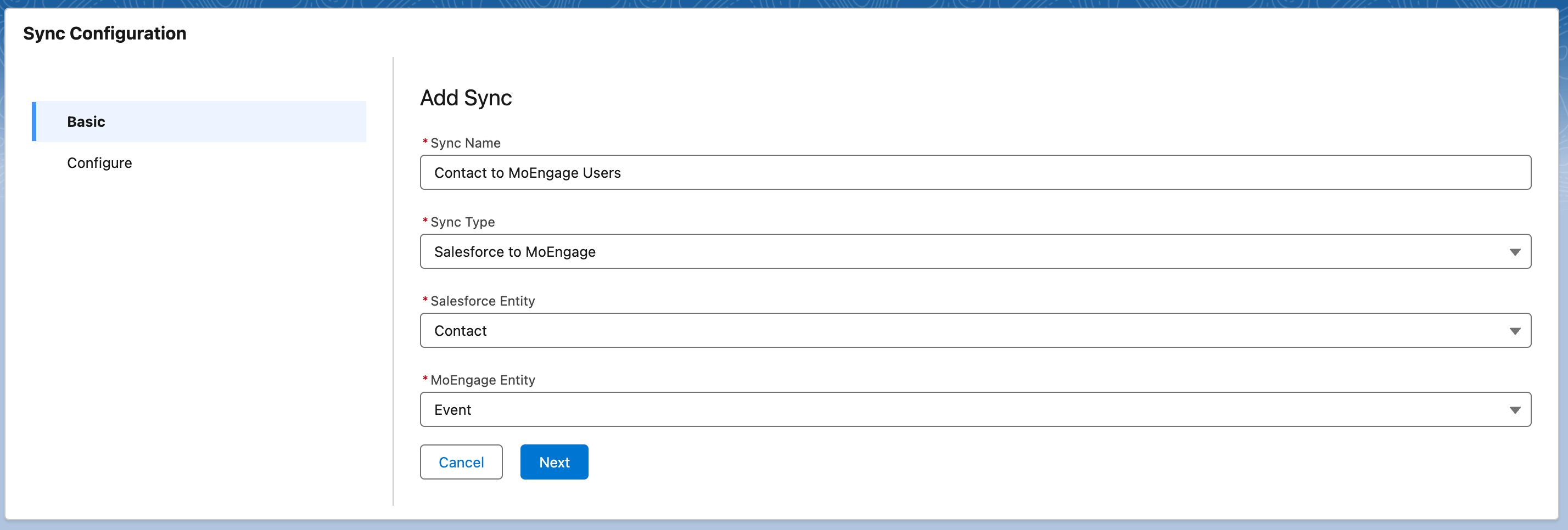 Basic sync details form for a new Salesforce-to-MoEngage sync