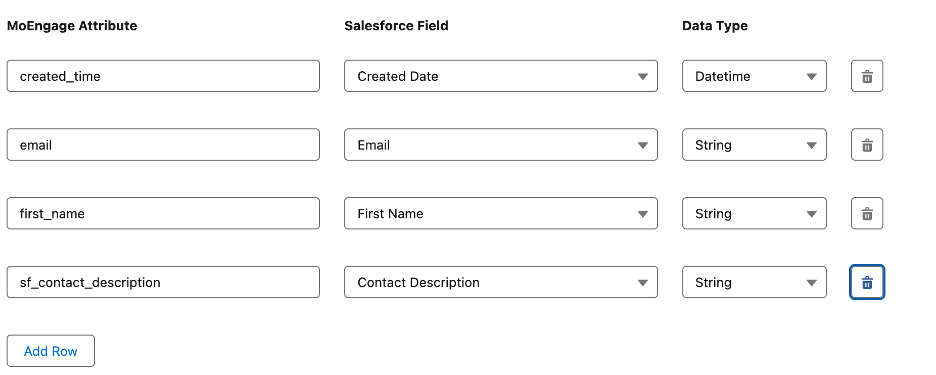 Field mapping table with MoEngage attributes mapped to Salesforce Contact fields