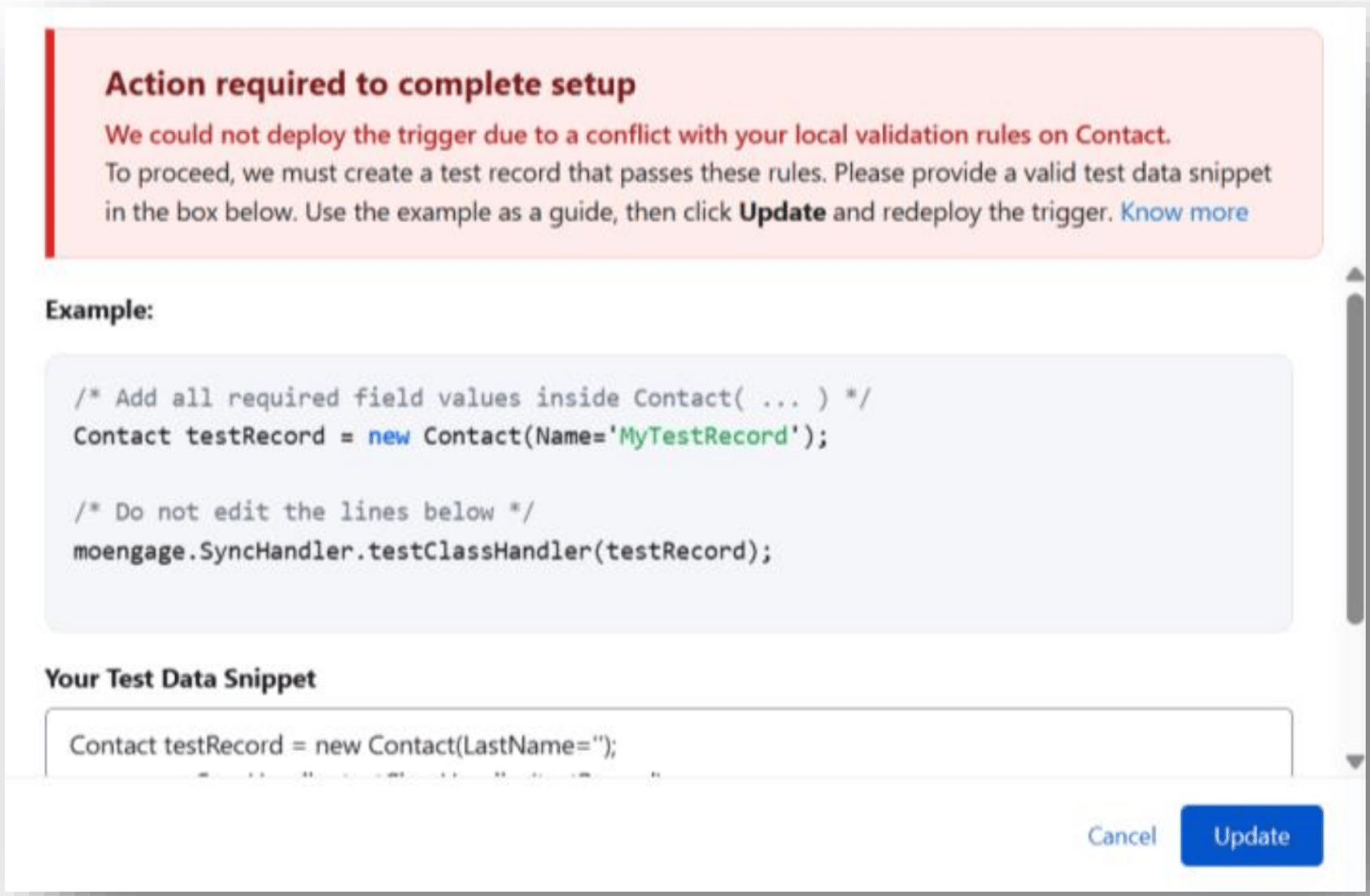 Salesforce trigger deployment failure modal asking for sample test data