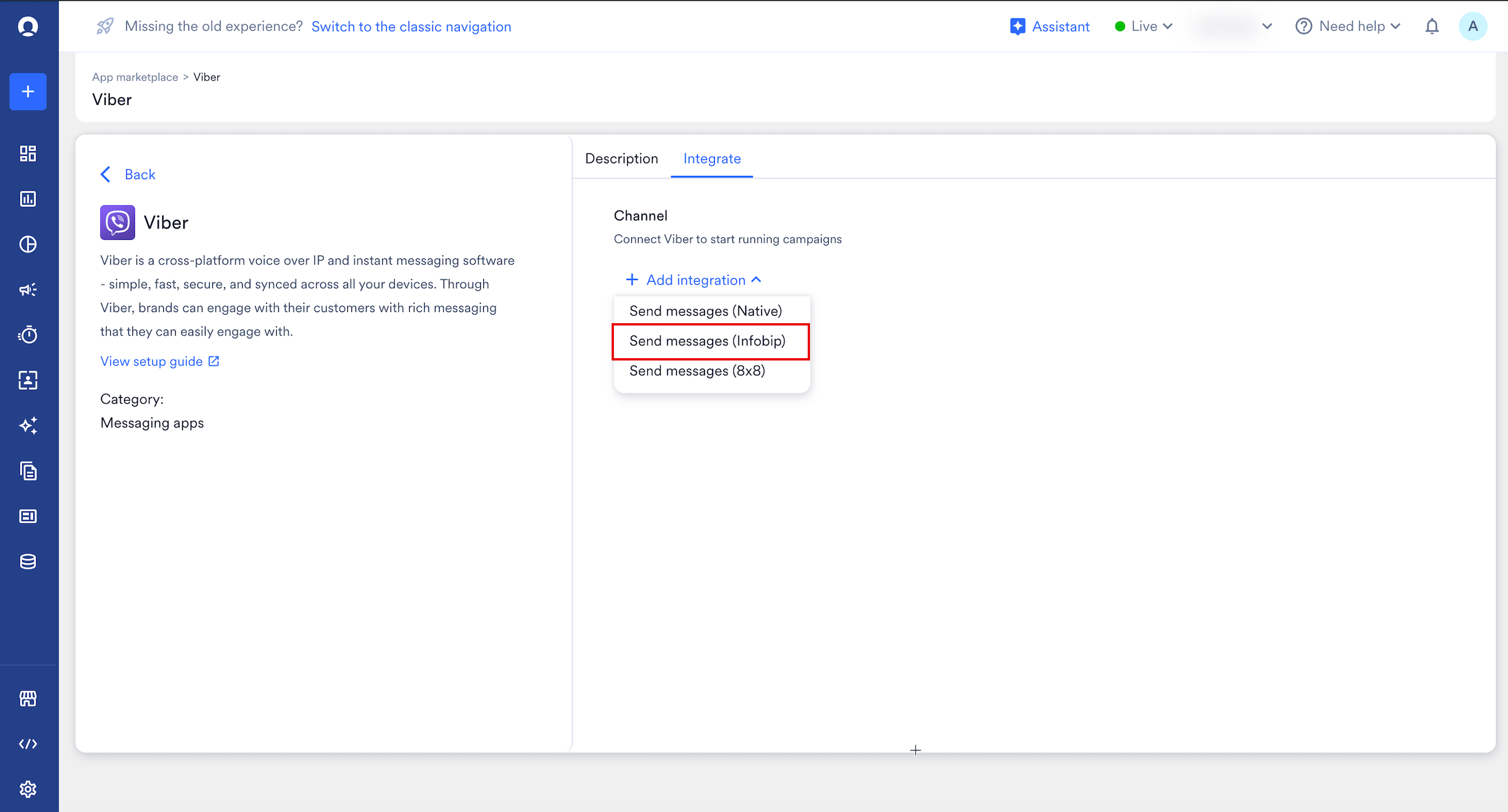 Integration dropdown with Send messages (Infobip) selected