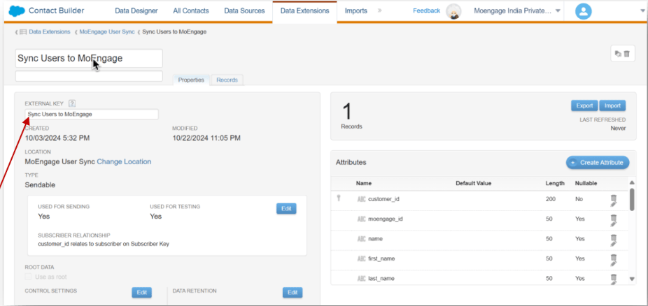 Changing external key of the Sync Users to MoEngage Data Extension
