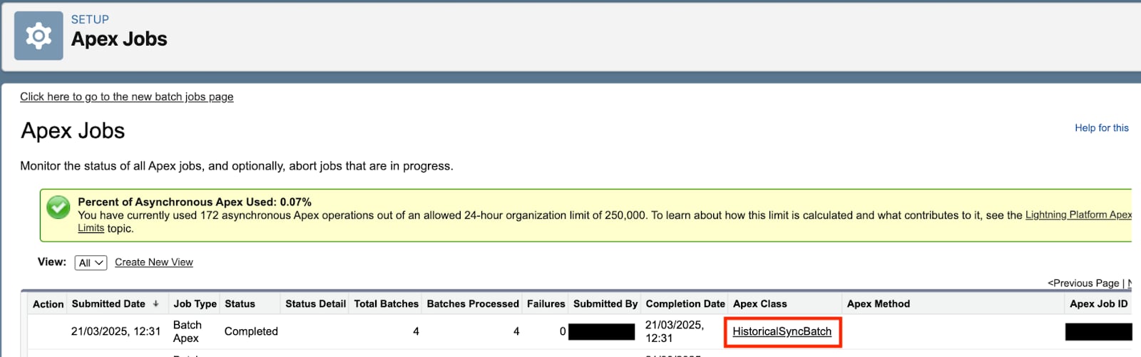 Salesforce Apex Jobs Queue showing the HistoricalSyncBatch job in progress