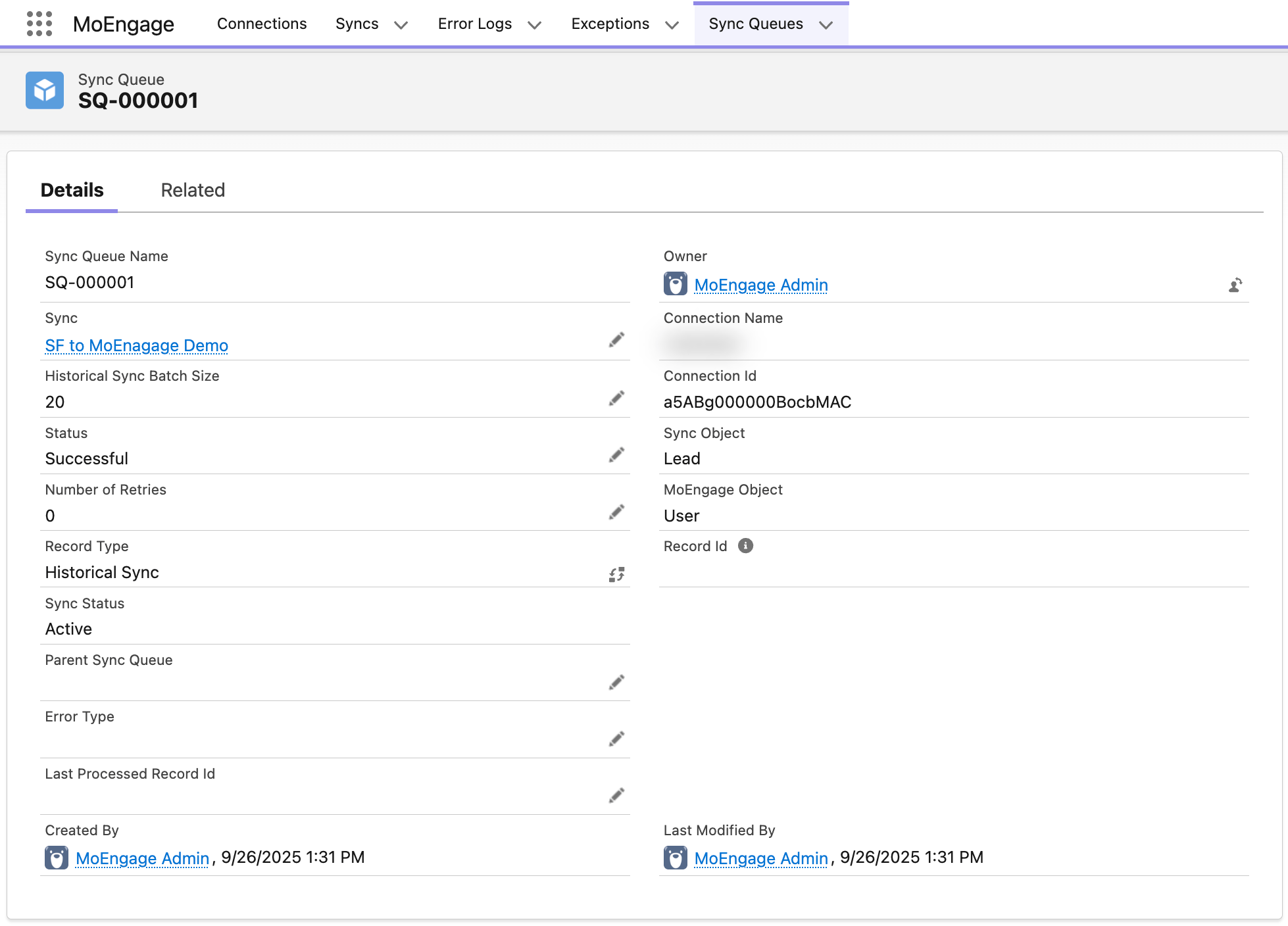 Sync Queue record detail page in Salesforce