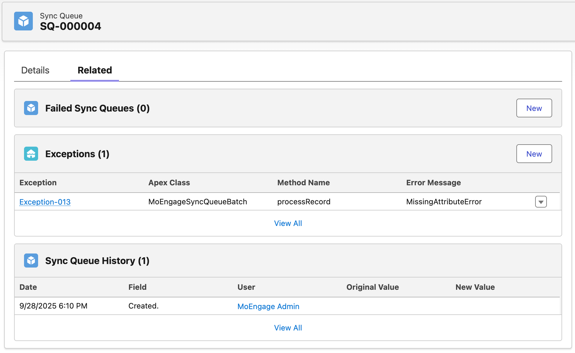 Related records on a Sync Queue record showing failed sync queues and exceptions