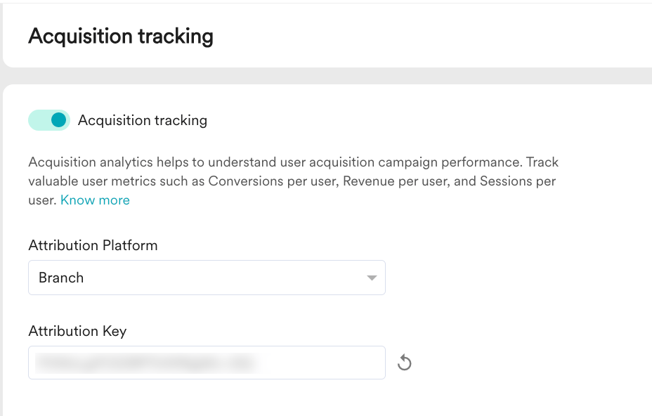 Acquisition Tracking settings with Branch selected and Attribution Key generated