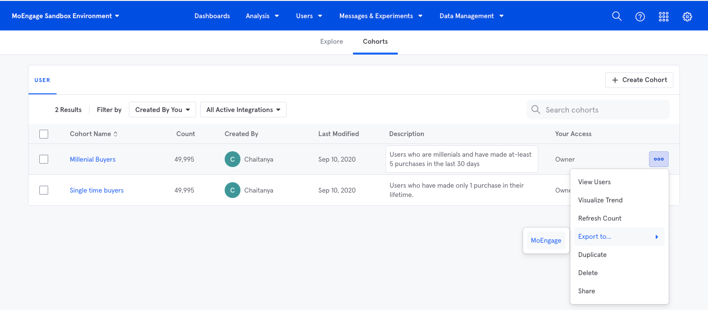 Mixpanel cohort Export to option