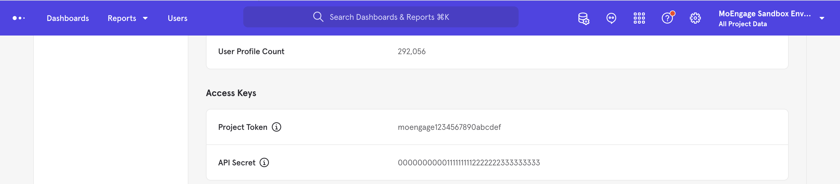 Mixpanel project settings showing Project Token