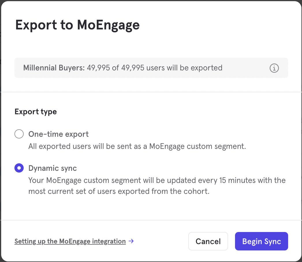 Export to MoEngage popup with sync options