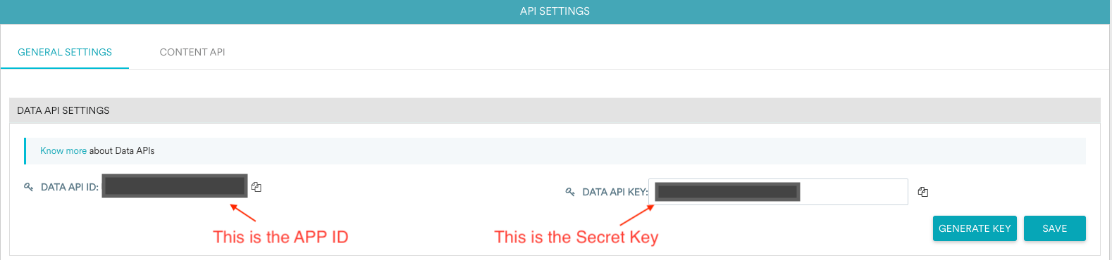MoEngage General Settings page showing the Workspace ID and API keys