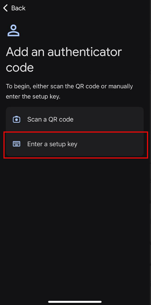 Enter a setup key option