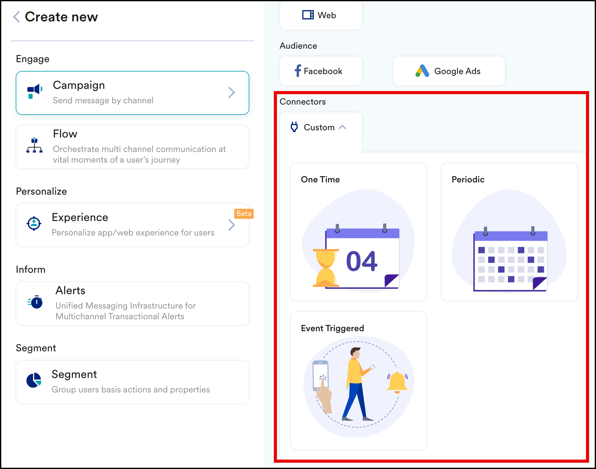 Connector campaign creation page in MoEngage
