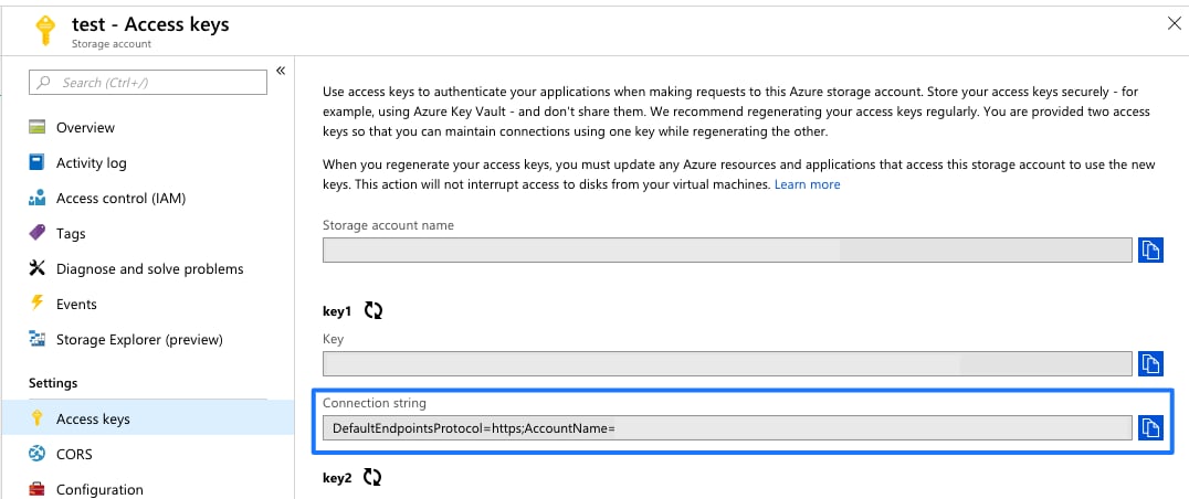 Access Keys section showing the Azure storage connection string