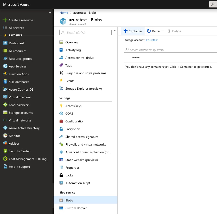 Creating a new Blob Service Container in Azure