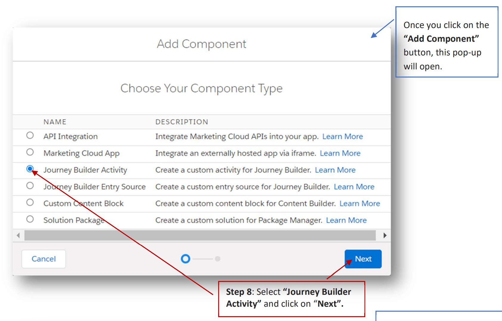 Selecting Journey Builder Activity as the component type