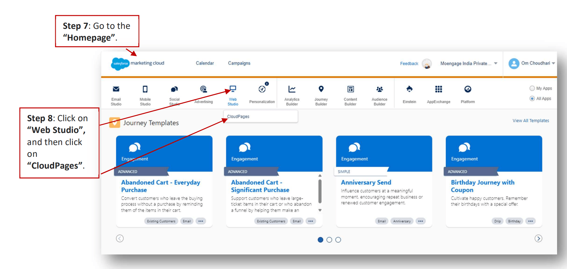 Navigating to Web Studio > CloudPages