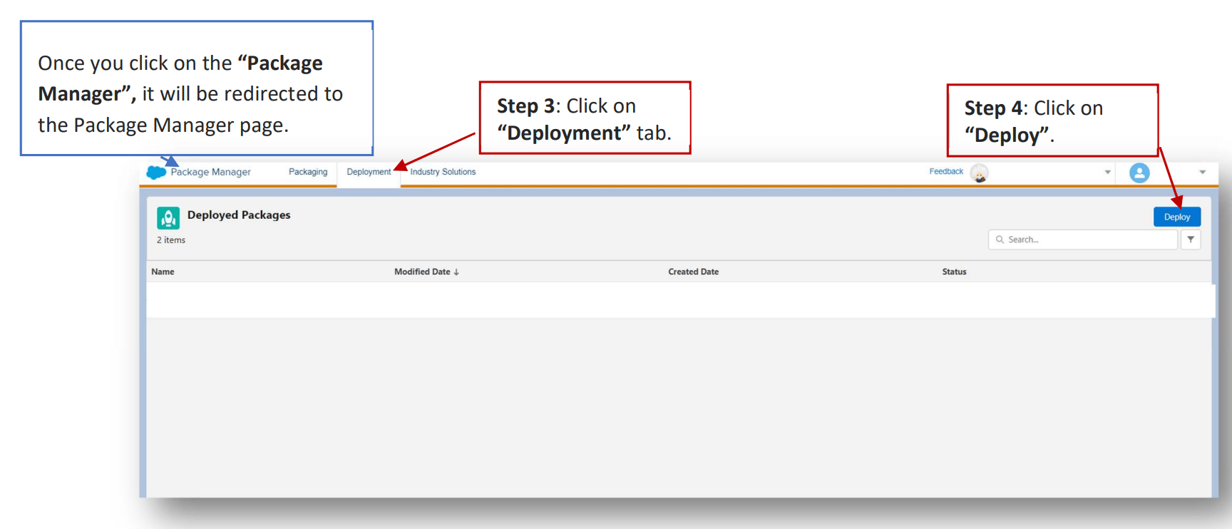 Deployment tab and Deploy button in Package Manager