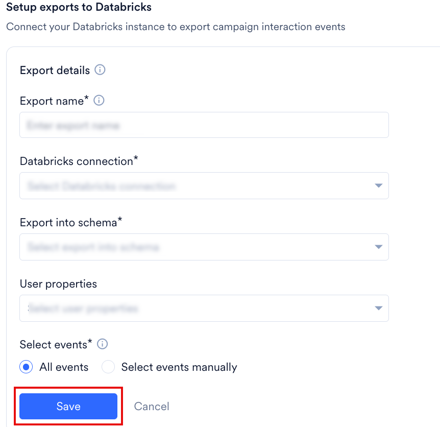 Setup exports to Databricks form showing the export name, Databricks connection, export into schema, user properties, and event selection fields, with the Save button highlighted