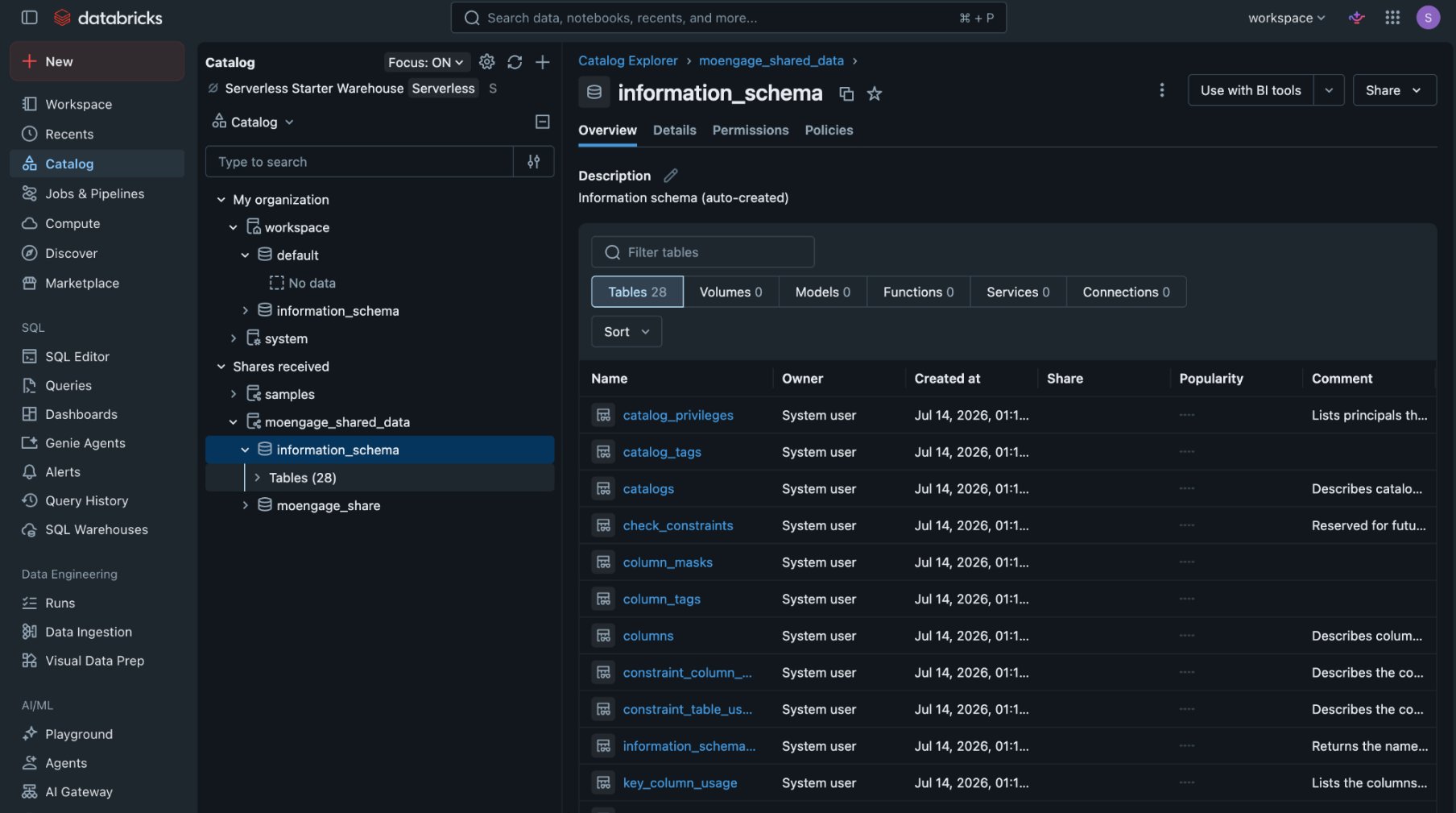 Databricks Catalog Explorer showing the mounted moengage_shared_data catalog under Shares received, with its schemas and tables