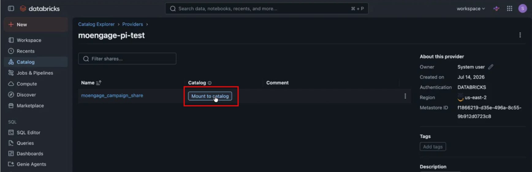 Databricks provider page showing the MoEngage share with the Mount to catalog button highlighted