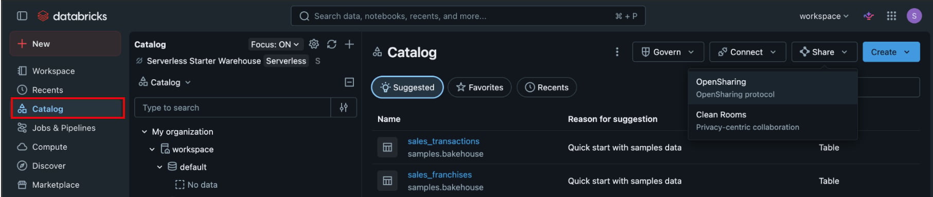Databricks Catalog page with the Share menu open, showing the OpenSharing option