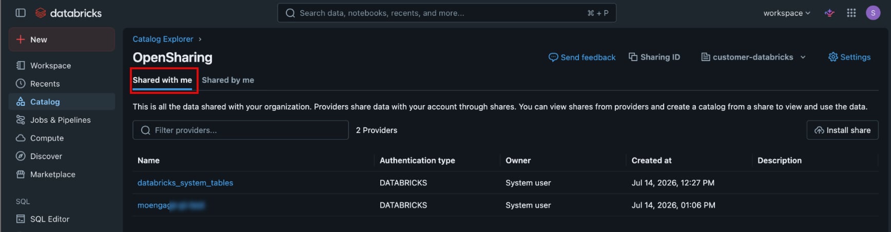 Databricks OpenSharing page with the Shared with me tab highlighted, listing the available providers