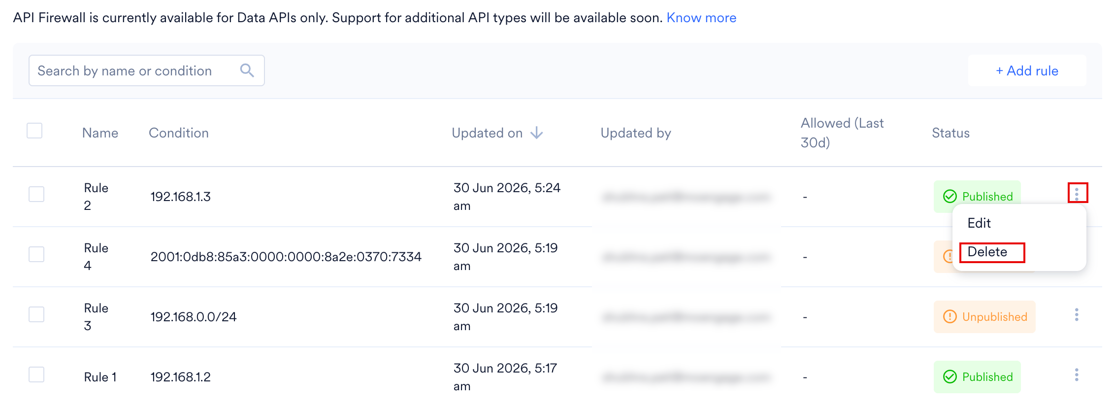Delete API Firewall Rule