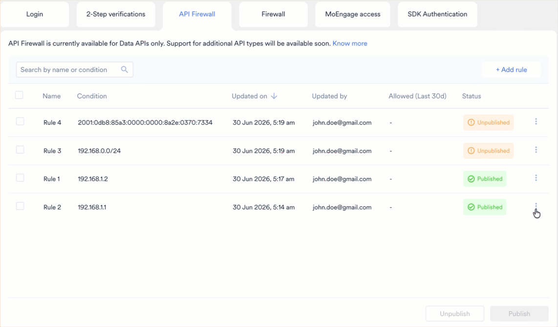 Edit API Firewall Rule