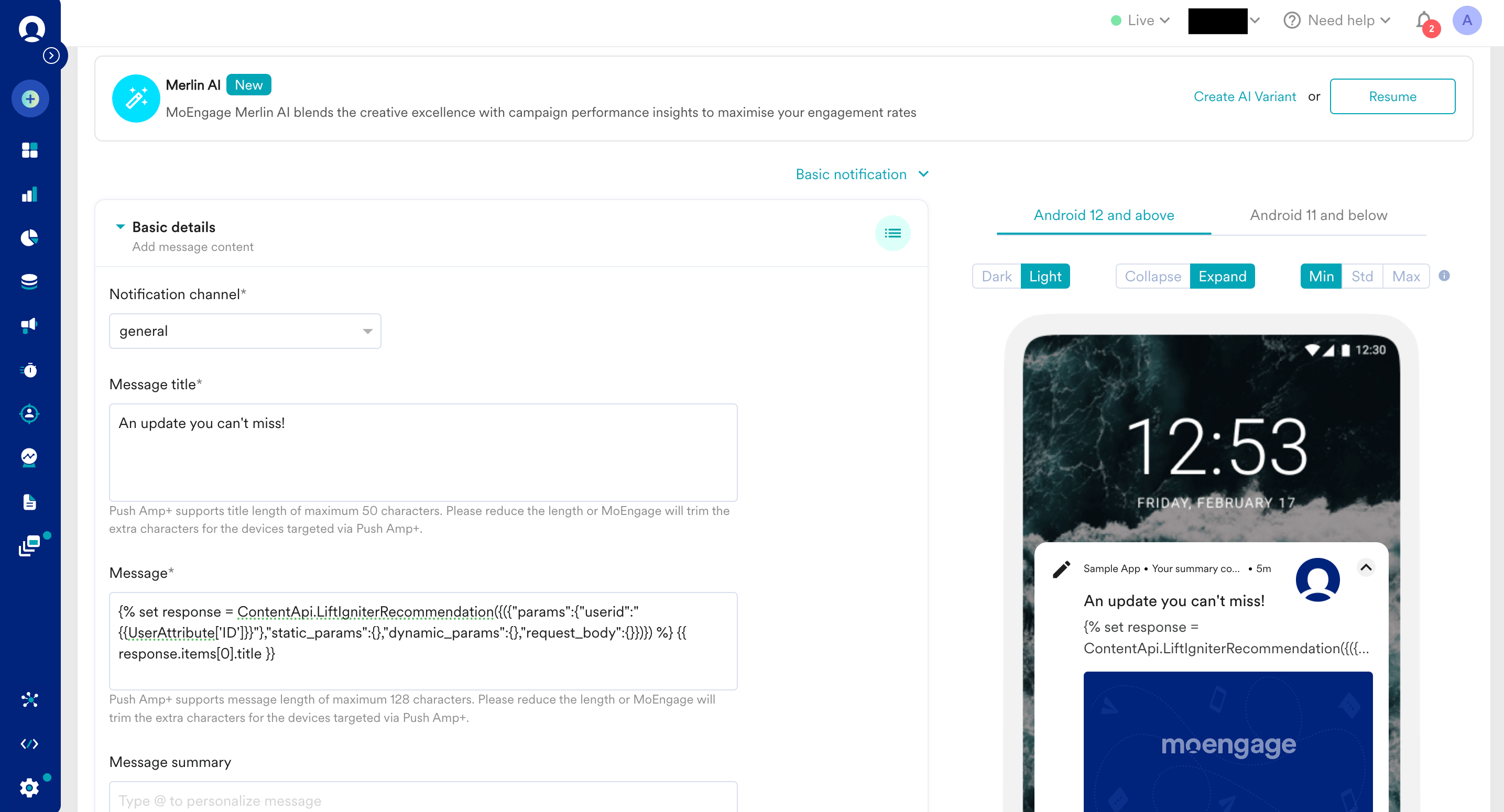 MoEngage personalization editor with LiftIgniter recommendations being inserted