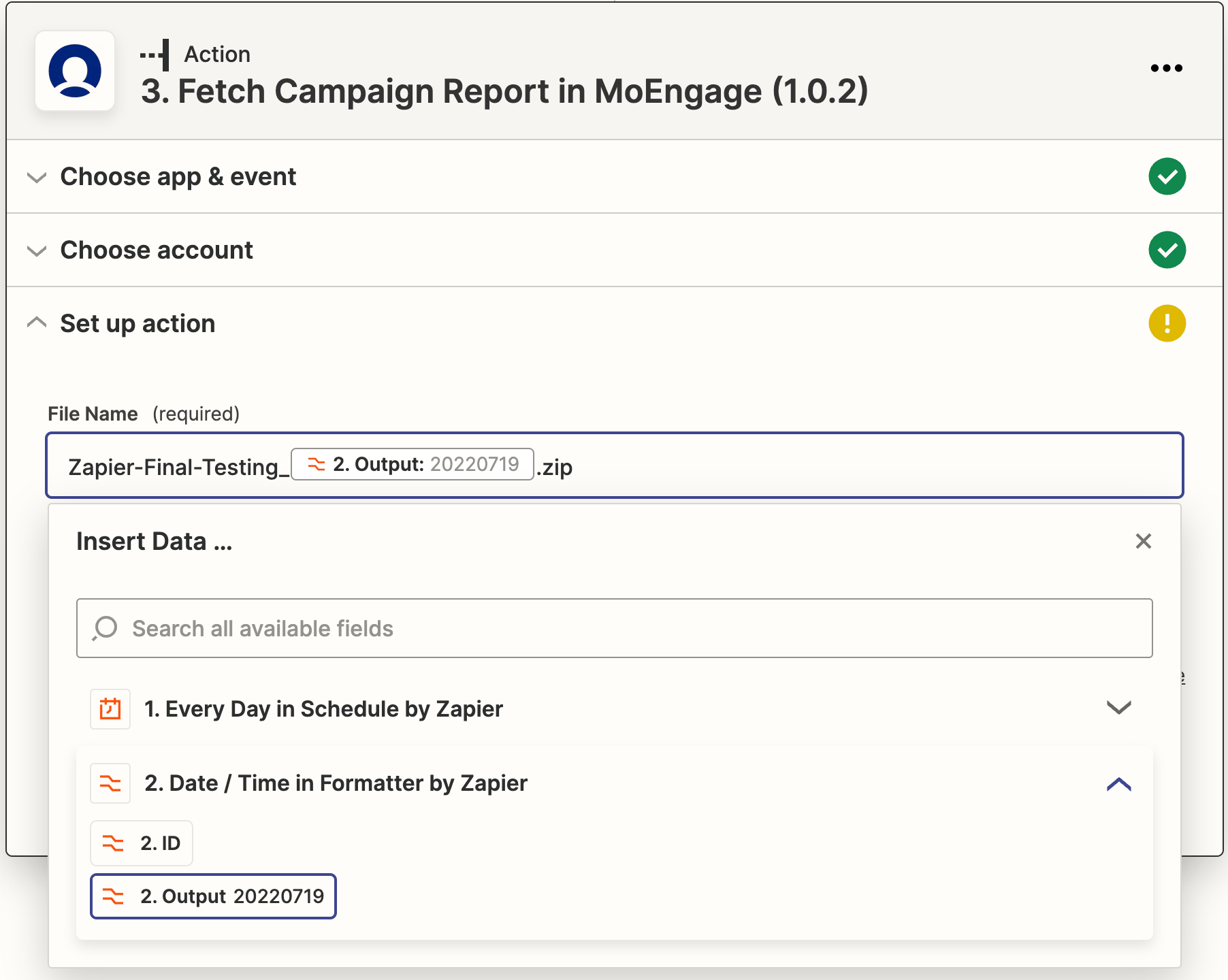 Fetch Campaign Report action setup with File Name and API Secret fields