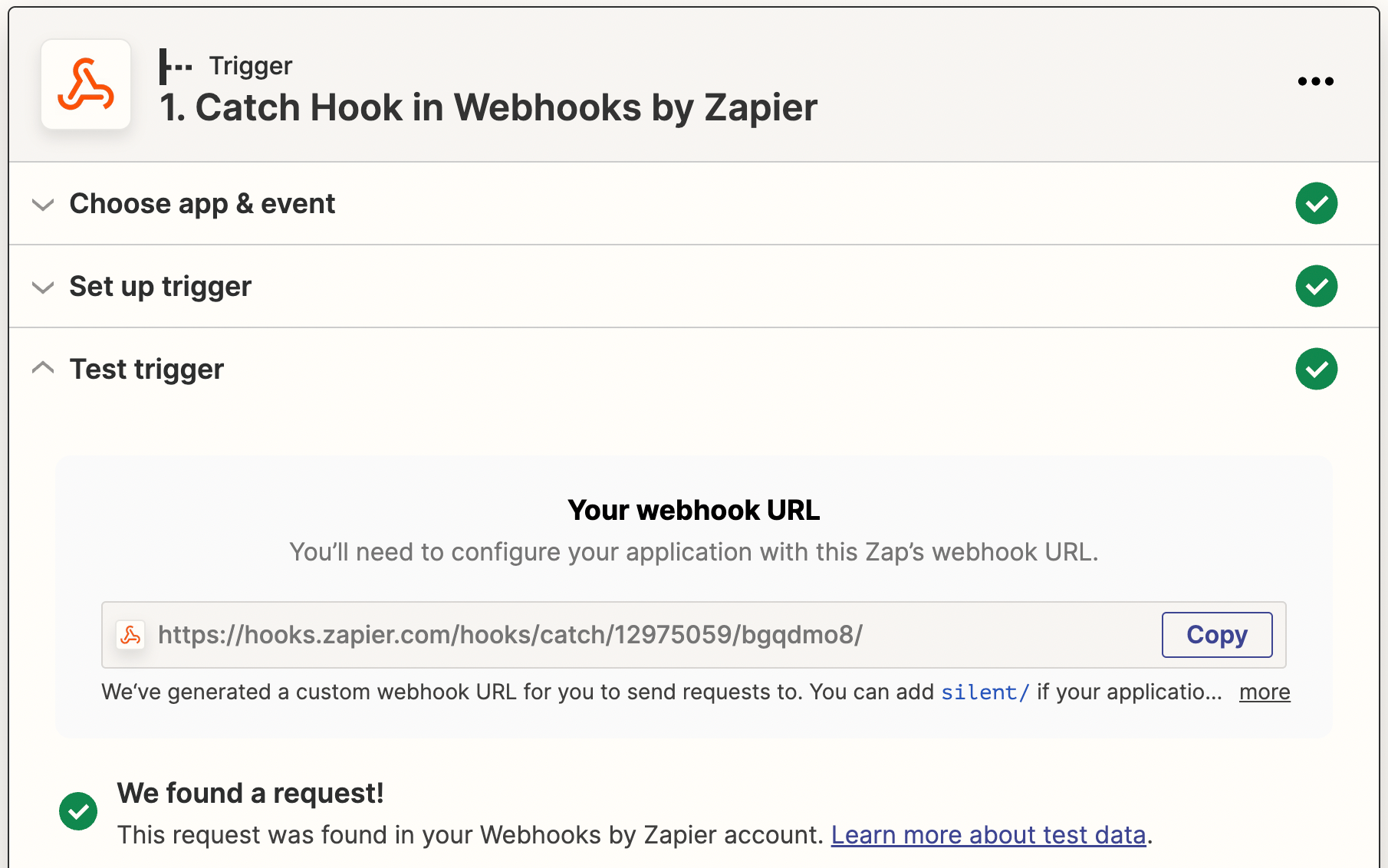 Test trigger result in Zapier showing MoEngage payload