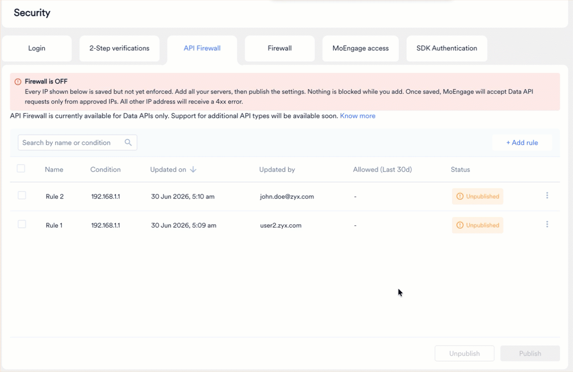 Publish API Firewall Rules