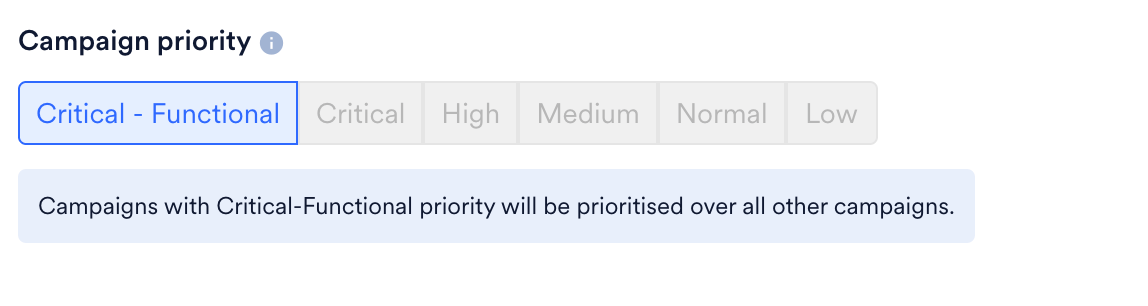 The Campaign priority selector with Critical - Functional selected for a Push to In-app campaign.