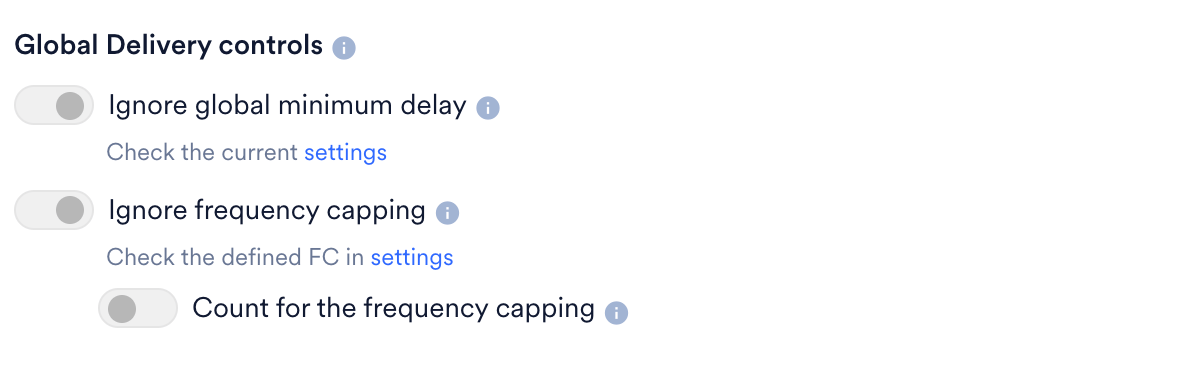 The Global Delivery controls for a Push to In-app campaign, with the toggles disabled.