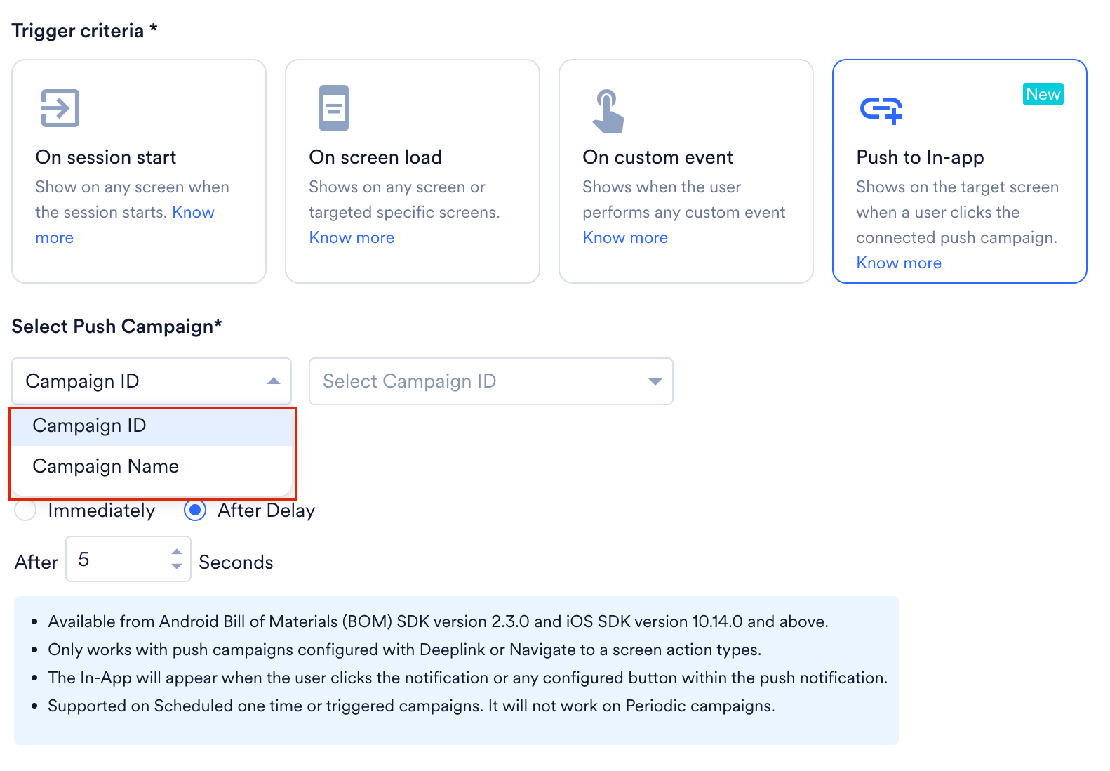 The Select Push Campaign drop-down showing the Campaign name and Campaign ID filter options.