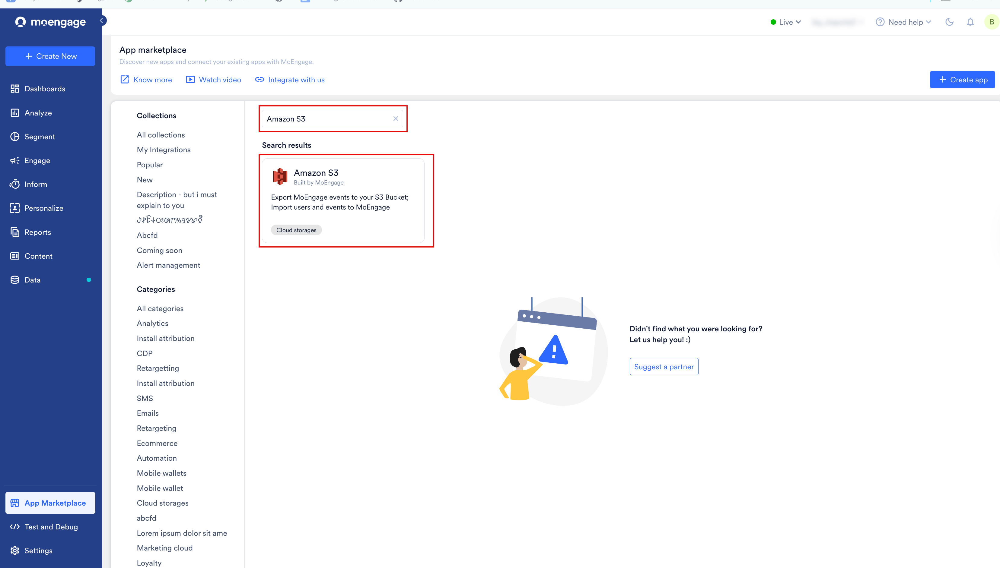 Amazon S3 tile on the App Marketplace page