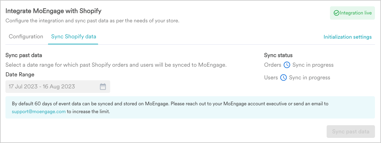 Sync past data section in the MoEngage Shopify app