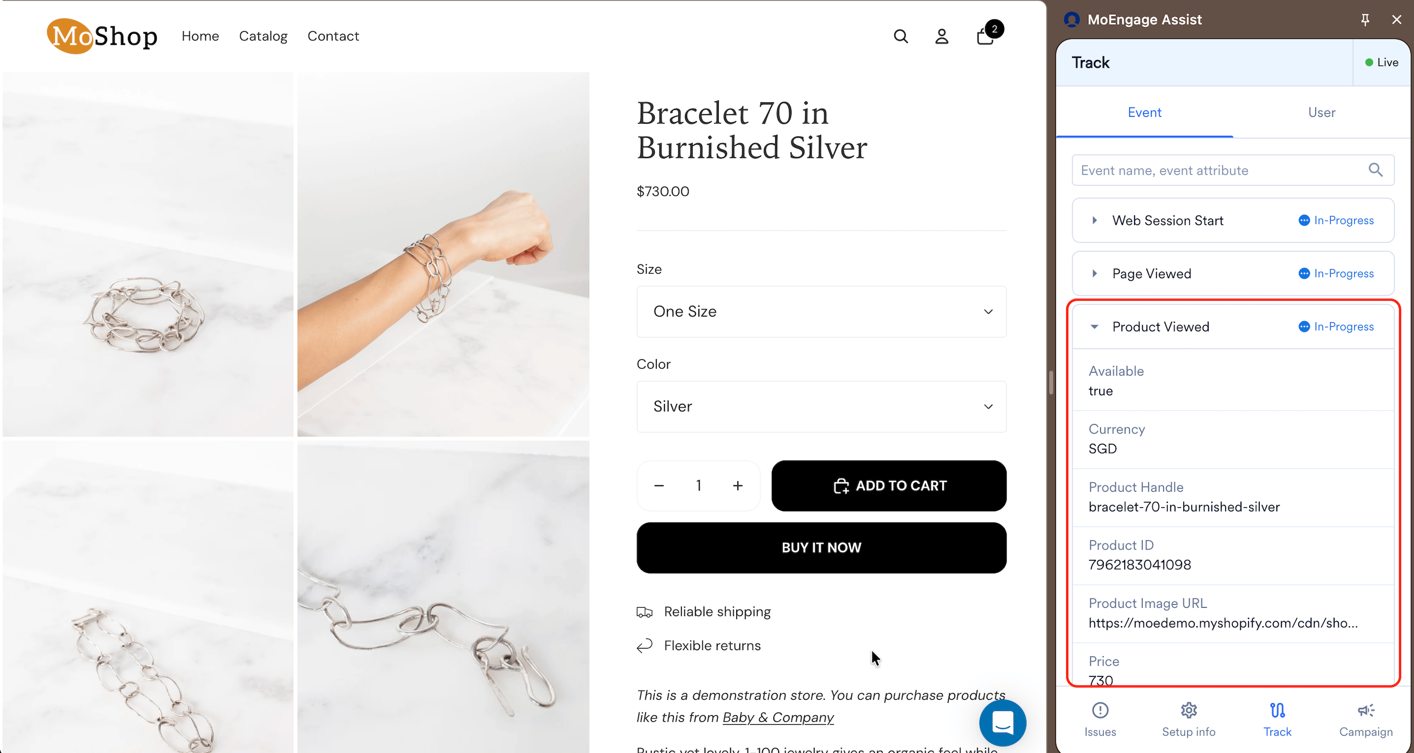 Expanded Product Viewed event row showing tracked attributes