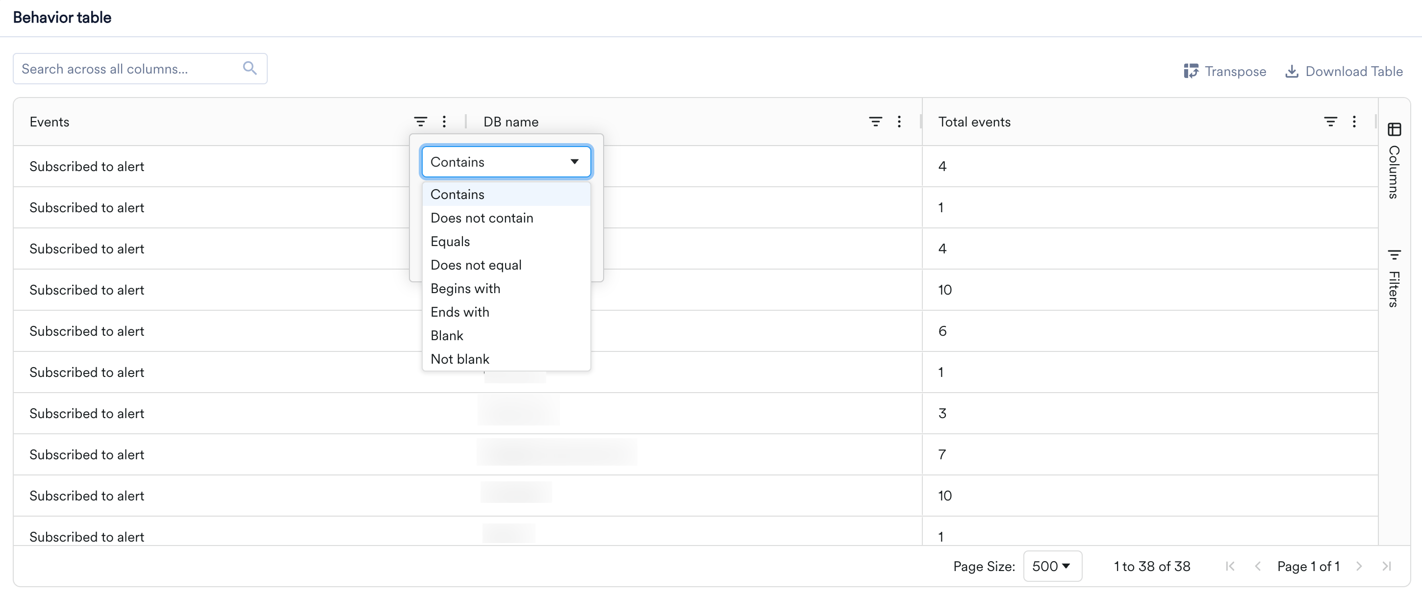 Behavior table with a column filter open, showing operators such as Contains, Does not contain, Equals, and Begins with, alongside the Search across all columns box above the table.